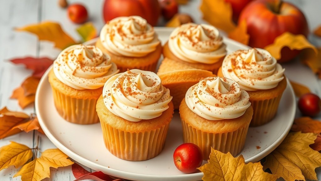 Apple cider cupcakes with creamy frosting and cinnamon, decorated with autumn leaves and apples.