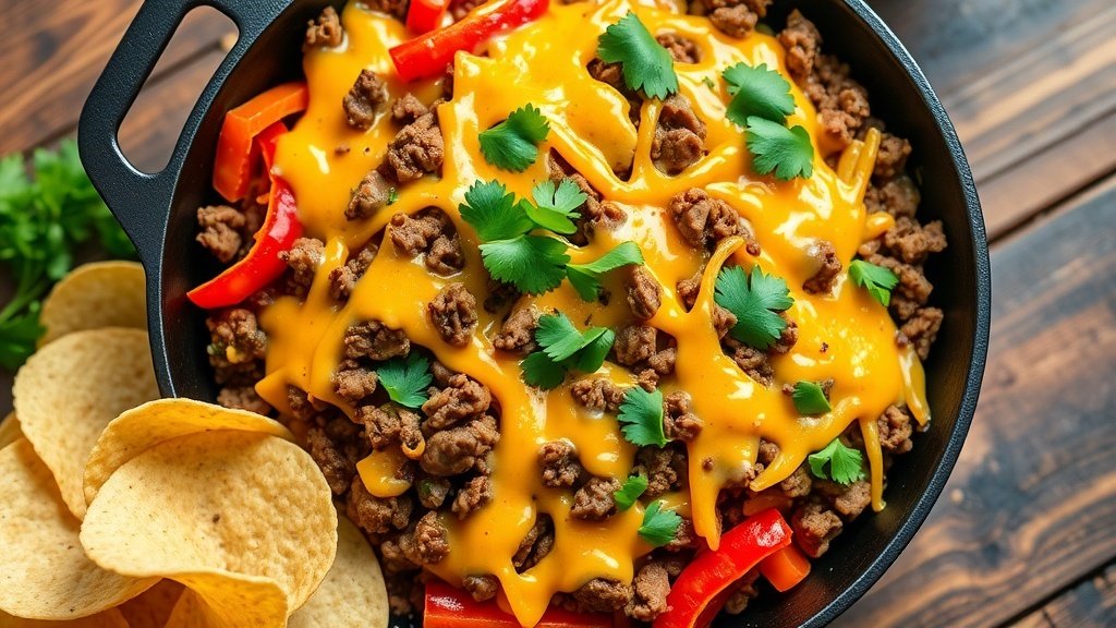 A cheesy ground beef taco skillet with bell peppers and cheese, garnished with cilantro, served with tortilla chips.