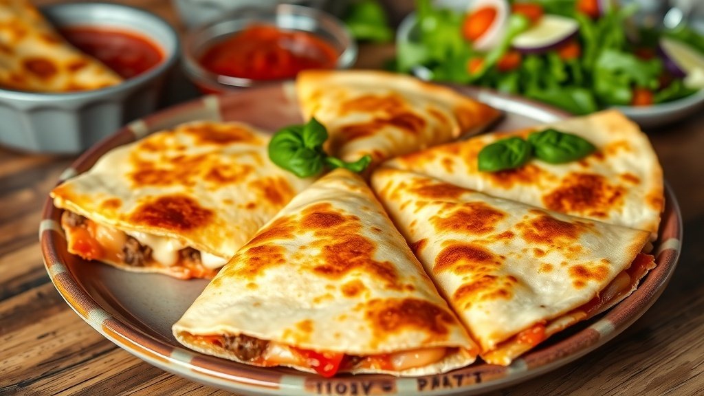 Crispy sausage pizza quesadillas on a plate, garnished with basil, served with pizza sauce.