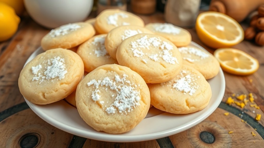 A plate of golden lemon sugar cookies dusted with powdered sugar, surrounded by lemon slices on a wooden table.