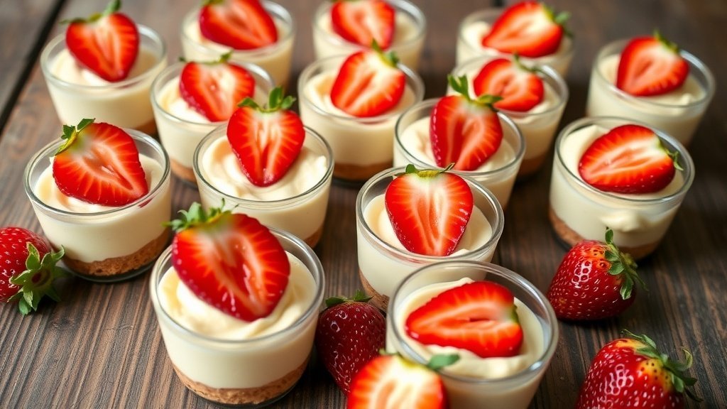 No-bake strawberry cheesecake cups with creamy filling and fresh strawberries on a wooden table.