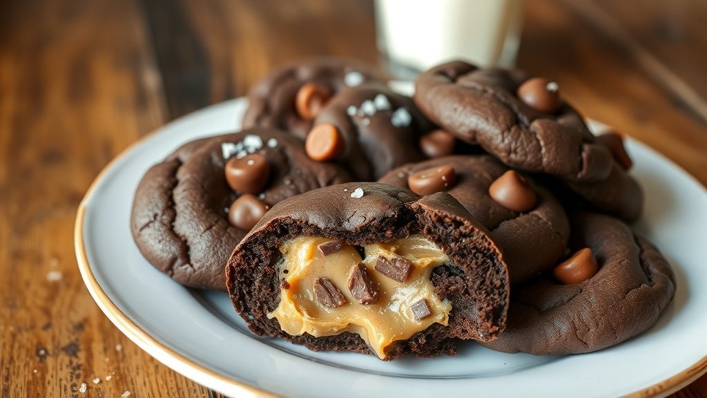 A plate of chocolate cookies stuffed with peanut butter, garnished with sea salt, and a glass of milk.