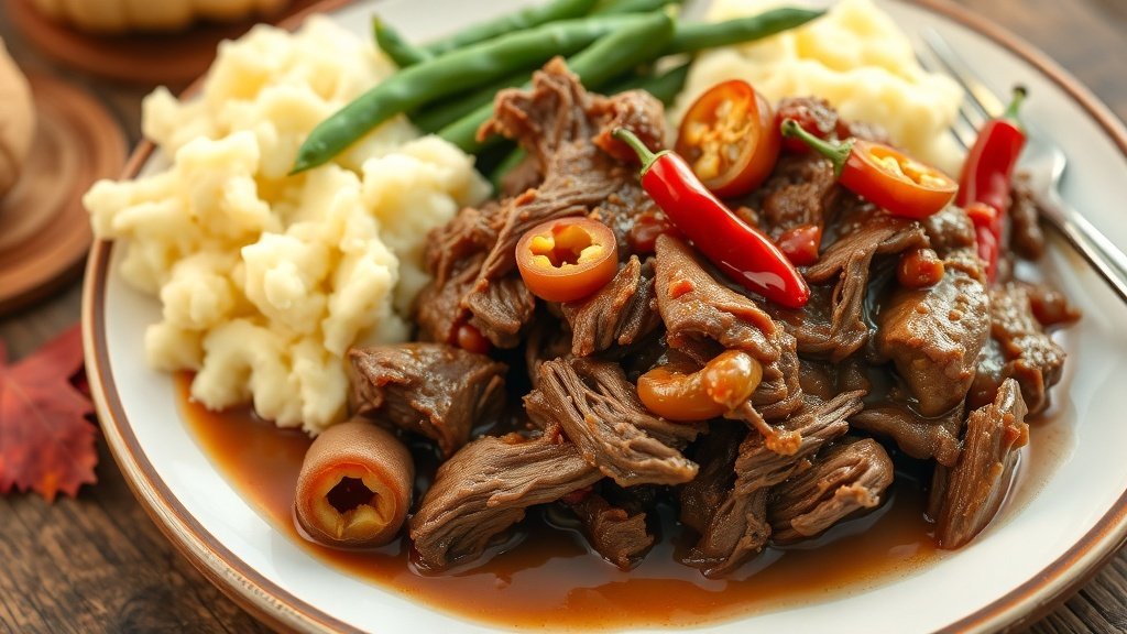 Savory Mississippi Pot Roast Recipe Tender Mississippi pot roast with gravy and pepperoncini, served with mashed potatoes and green beans.