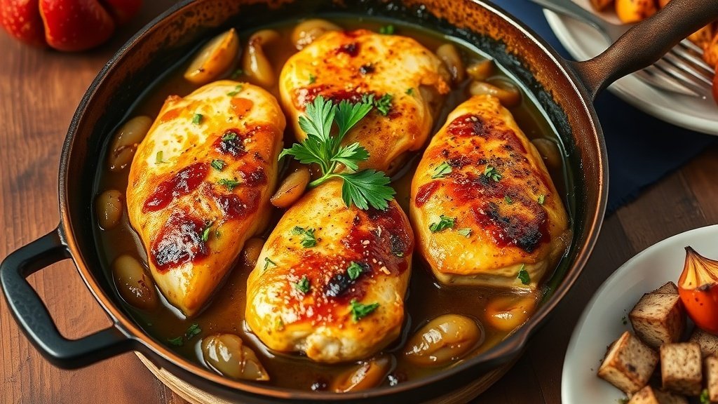 Apple Cider Chicken Skillet with chicken breasts in apple cider sauce, garnished with parsley, on a rustic table with roasted vegetables.