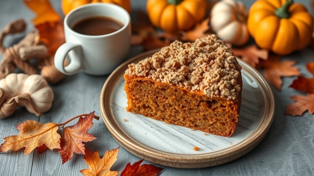 Pumpkin Streusel Coffee Cake Recipe A slice of pumpkin streusel coffee cake on a plate with coffee, surrounded by autumn decorations.