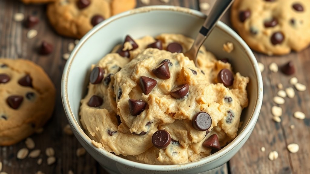 A bowl of chocolate chip cookie dough with cottage cheese, chocolate chips, and oats on a wooden table.