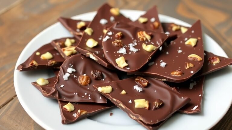 Cottage cheese chocolate bark pieces with nuts and dried fruits on a white plate, garnished with sea salt.