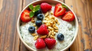 Cottage cheese chia pudding topped with berries and nuts in a clear glass cup.