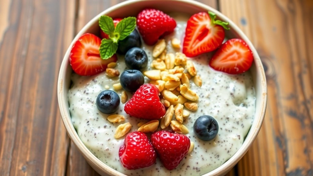 Cottage cheese chia pudding topped with berries and nuts in a clear glass cup.