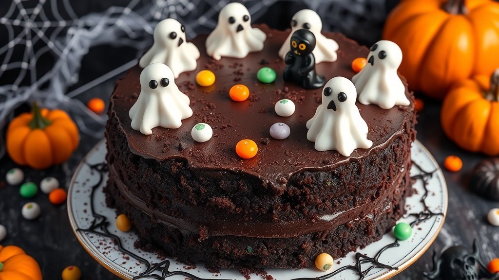 A haunted chocolate cake decorated with ghostly frosting and Halloween candies, set against a spooky backdrop.