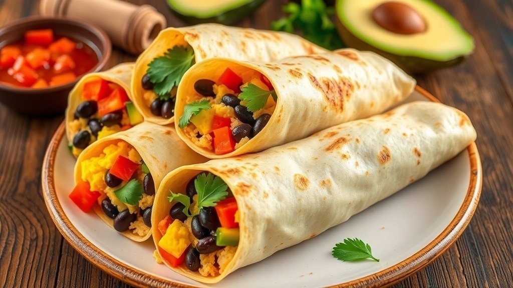 Nutritious breakfast burrito wraps filled with eggs, black beans, and vegetables, served with salsa and avocado.