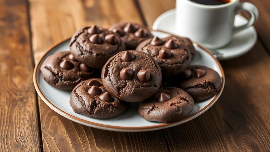 Gourmet Espresso Cookies Recipe A plate of gourmet espresso cookies with chocolate chips and a cup of espresso on a wooden table.