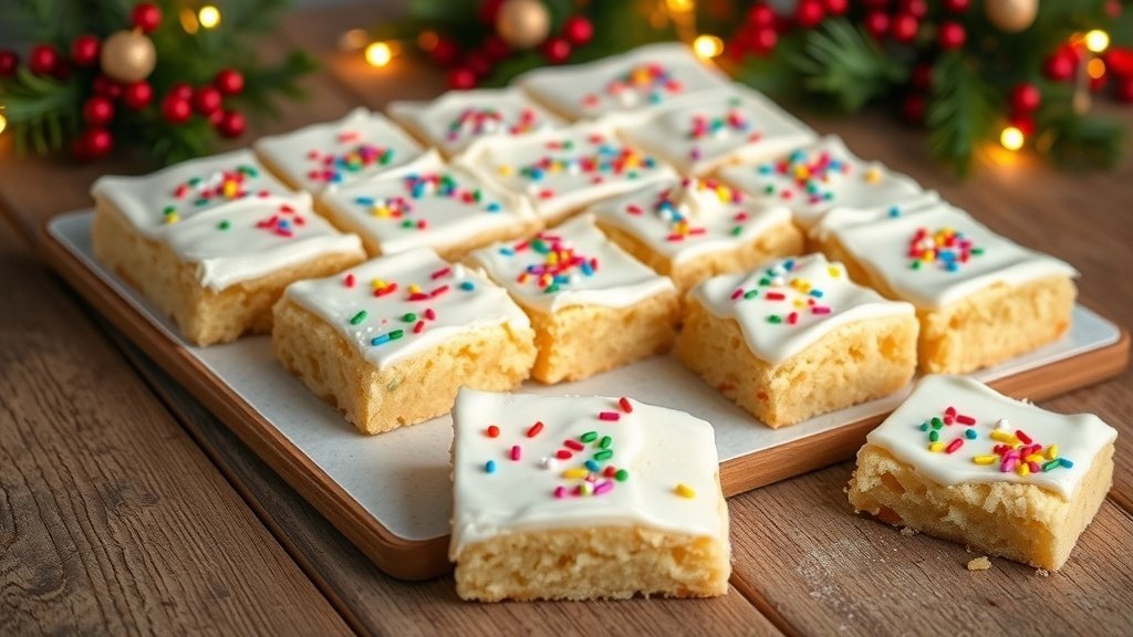 Soft sugar cookie bars with white frosting and sprinkles on a wooden table.