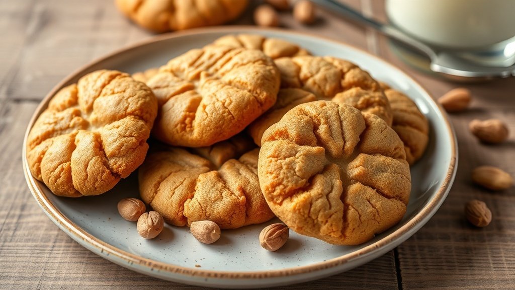 Nutty Peanut Butter Cookies Recipe A plate of golden peanut butter cookies with scattered peanuts and a glass of milk on a rustic table.