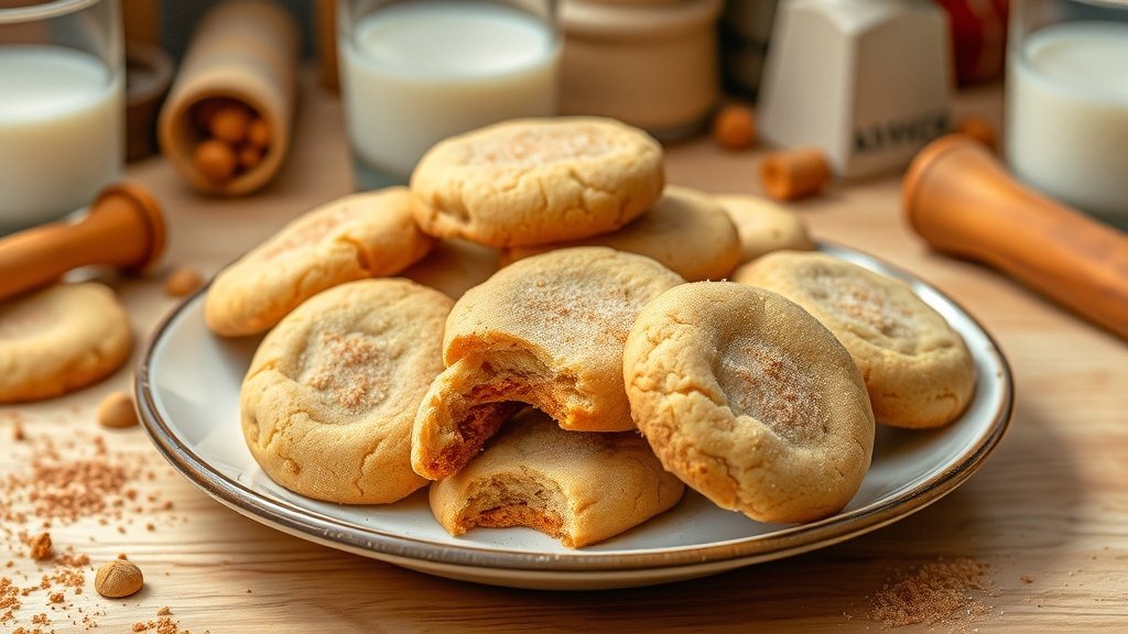 Freshly baked snickerdoodle cookies on a plate, dusted with cinnamon sugar, in a cozy kitchen setting.