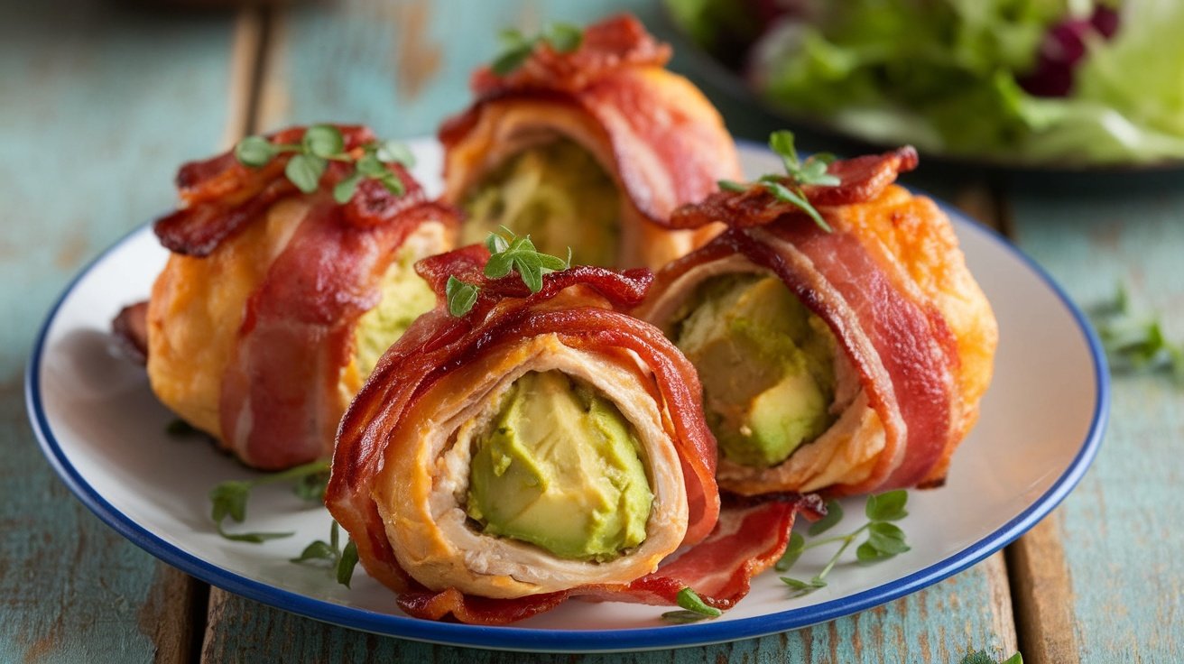 Bacon-Wrapped Avocado Chicken Bombs Recipe Bacon-wrapped avocado chicken bombs on a plate, garnished with herbs, served with a fresh salad.