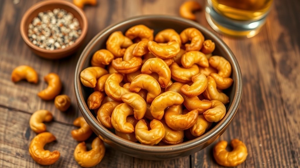 Golden roasted cashews in a bowl, seasoned and ready to serve, on a rustic wooden table.