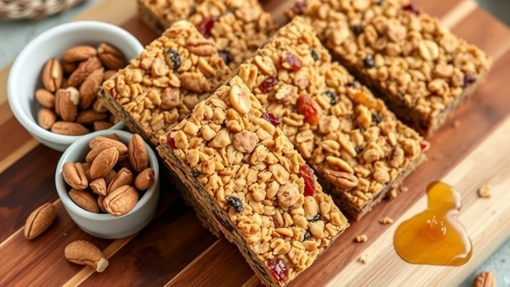 Homemade chewy granola bars with nuts and dried fruits on a wooden board, accompanied by a bowl of mixed nuts and honey.