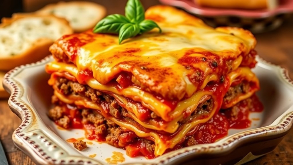 Million Dollar Lasagna Recipe A layered Million Dollar Lasagna in a baking dish, topped with melted cheese and garnished with basil, alongside garlic bread.