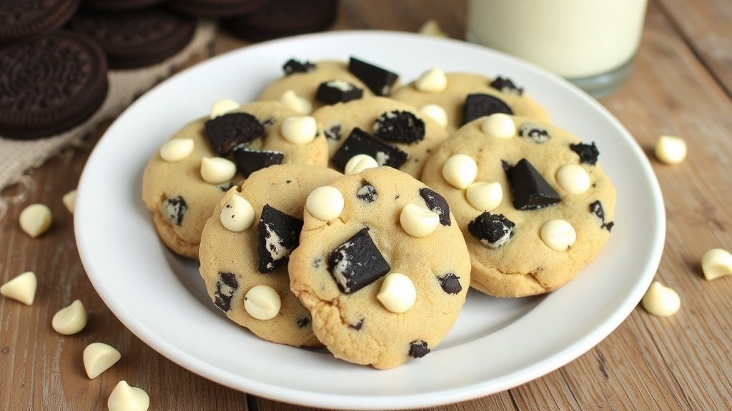 A plate of soft-baked cookies and cream cookies with Oreo chunks and white chocolate chips, served with a glass of milk.