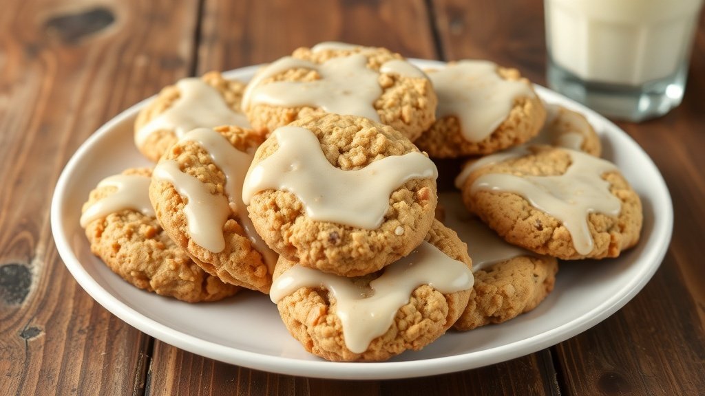 Chewy Iced Oatmeal Cookie Recipe Chewy iced oatmeal cookies with vanilla glaze on a rustic plate, accompanied by a glass of milk.