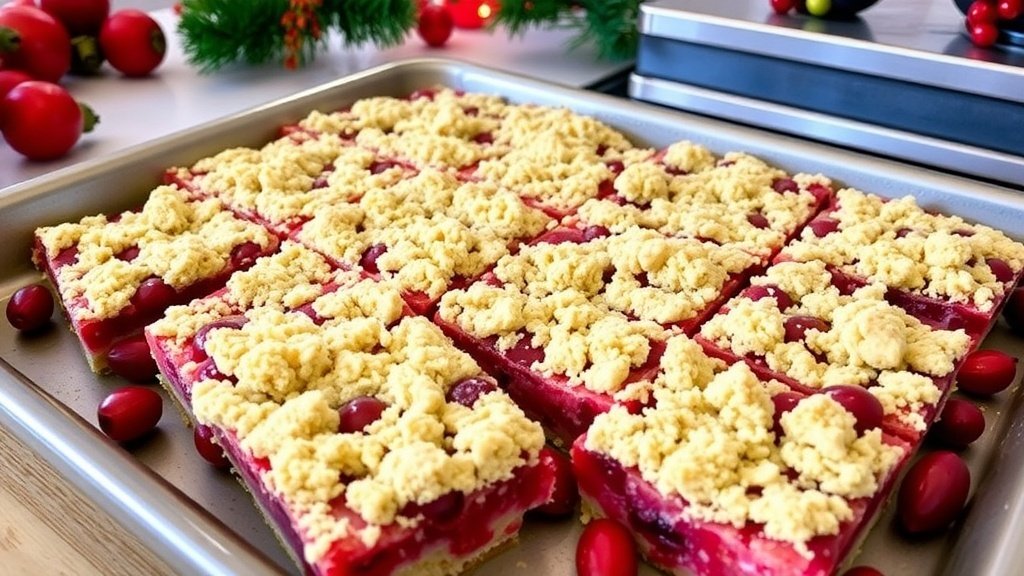 Easy Cranberry Crumble Bars Recipe A tray of cranberry crumble bars with golden topping and tart cranberry filling, set in a festive kitchen.