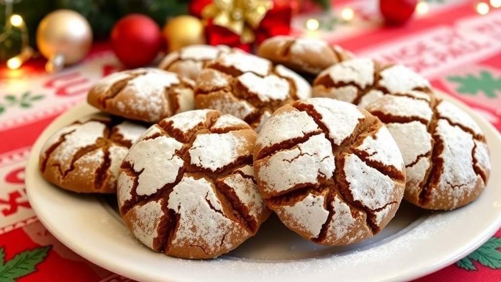 A plate of gingerbread crinkle cookies dusted with powdered sugar on a festive table.