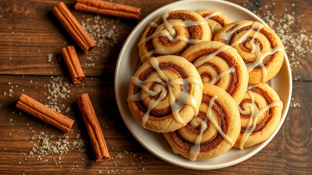 A plate of cinnamon roll cookies drizzled with icing, surrounded by cinnamon sticks and sugar.