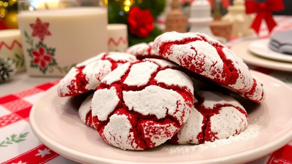 A festive plate of red velvet crinkle cookies dusted with powdered sugar on a holiday table.