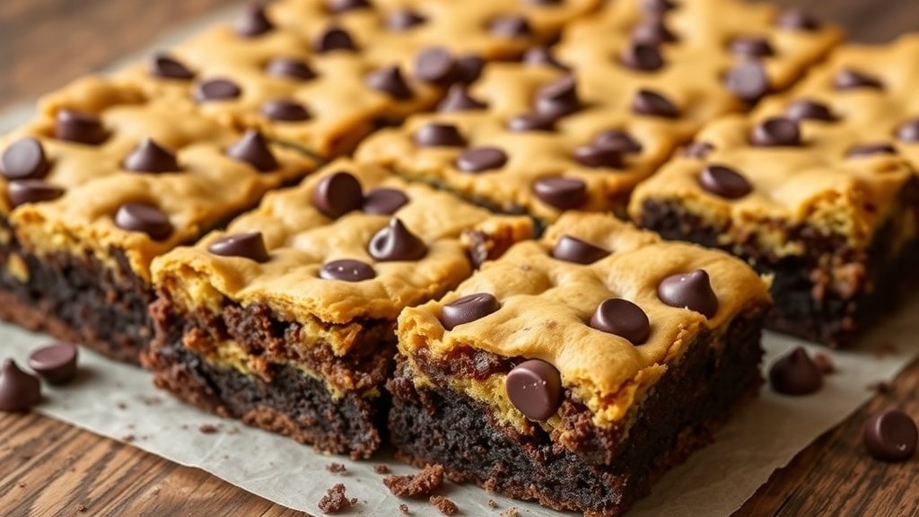 Fudgy brownie and cookie bars with chocolate chips on a rustic wooden table.