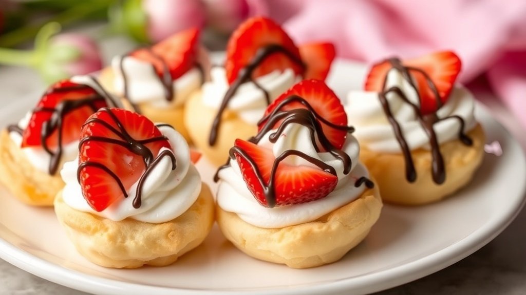 Easy Strawberry Cream Puff Recipe Strawberry cream puffs filled with whipped cream and strawberries, drizzled with chocolate on a decorative plate.