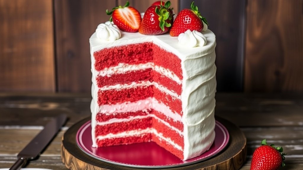 Irresistible Strawberry Red Velvet Cake Recipe A stunning Strawberry Red Velvet Cake with layers of red velvet and strawberry cream filling, garnished with fresh strawberries.