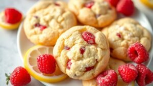 Chewy lemon raspberry cookies on a plate, garnished with powdered sugar, raspberries, and lemon slices.