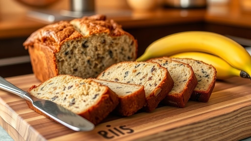 A loaf of moist banana bread sliced on a cutting board with ripe bananas beside it.