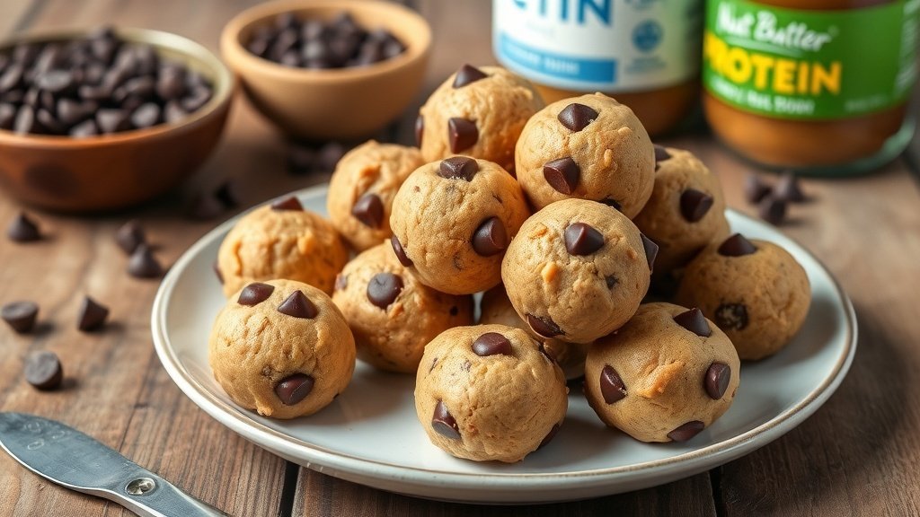 Protein Cookie Dough Bites Recipe Protein cookie dough bites on a plate with chocolate chips and nut butter in the background.