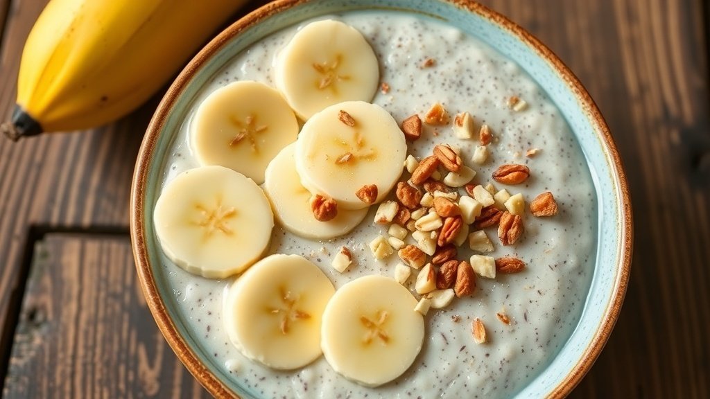 Banana coconut chia pudding topped with banana slices and nuts in a rustic setting.