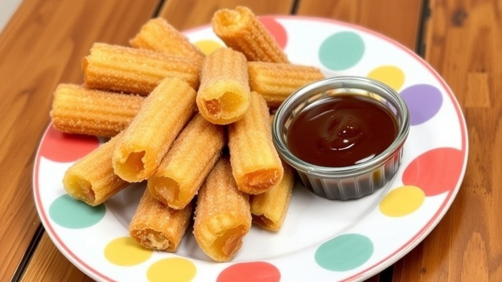 Golden air fryer churro bites coated in cinnamon sugar on a plate with a bowl of chocolate sauce.