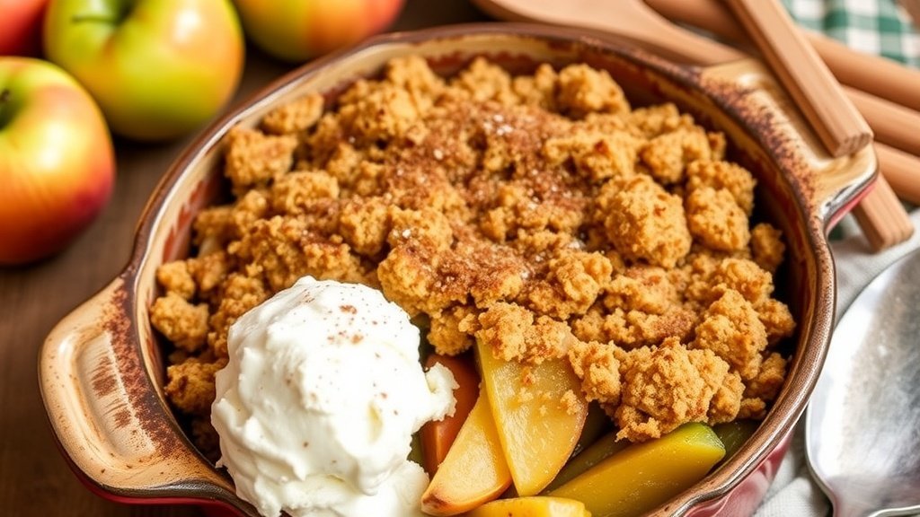 A delicious apple cinnamon crumble with a golden topping and baked apples, served with dairy-free ice cream.