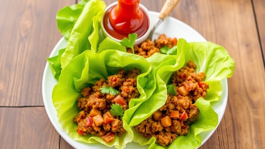 Sloppy Joe Lettuce Wraps Recipe Sloppy Joe Lettuce Wraps with ground meat in lettuce leaves, garnished with parsley on a rustic table.