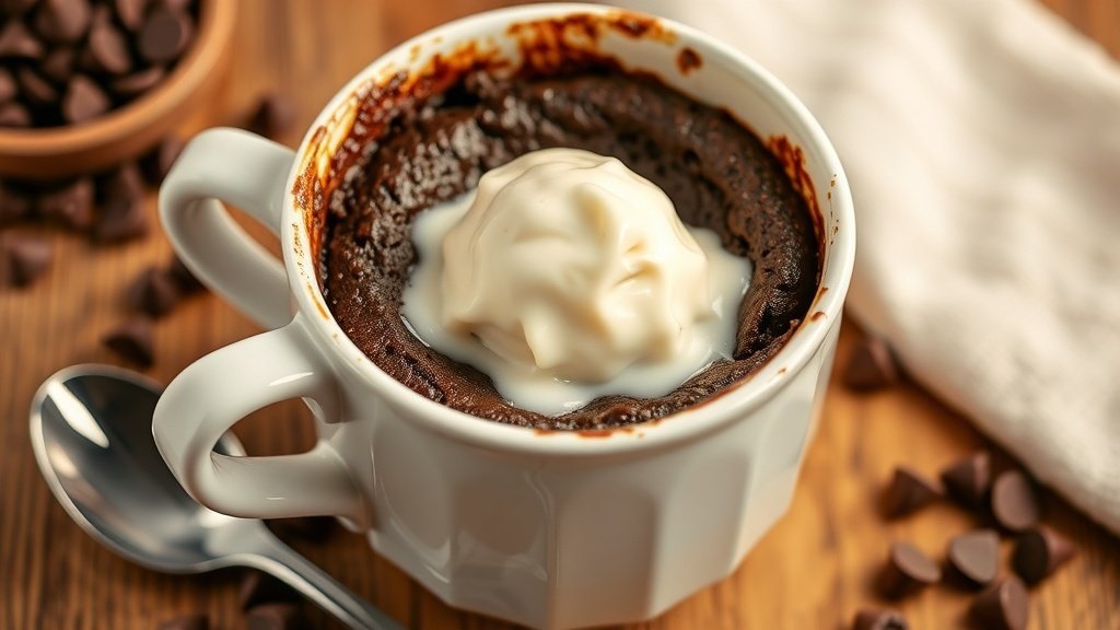 Quick Chocolate Mug Cake Recipe A delicious chocolate mug cake in a white mug, topped with melting ice cream, on a rustic wooden table.