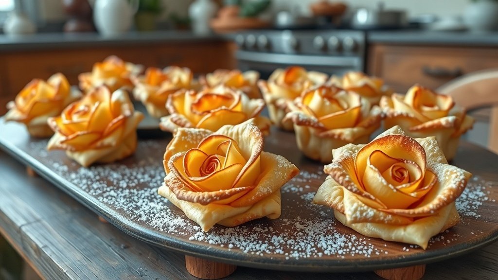 Baked apple roses made with puff pastry and apple slices, dusted with powdered sugar, on a rustic wooden table.