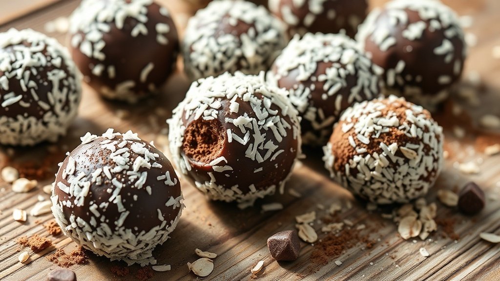 Chocolate coconut energy balls coated in shredded coconut on a wooden surface.