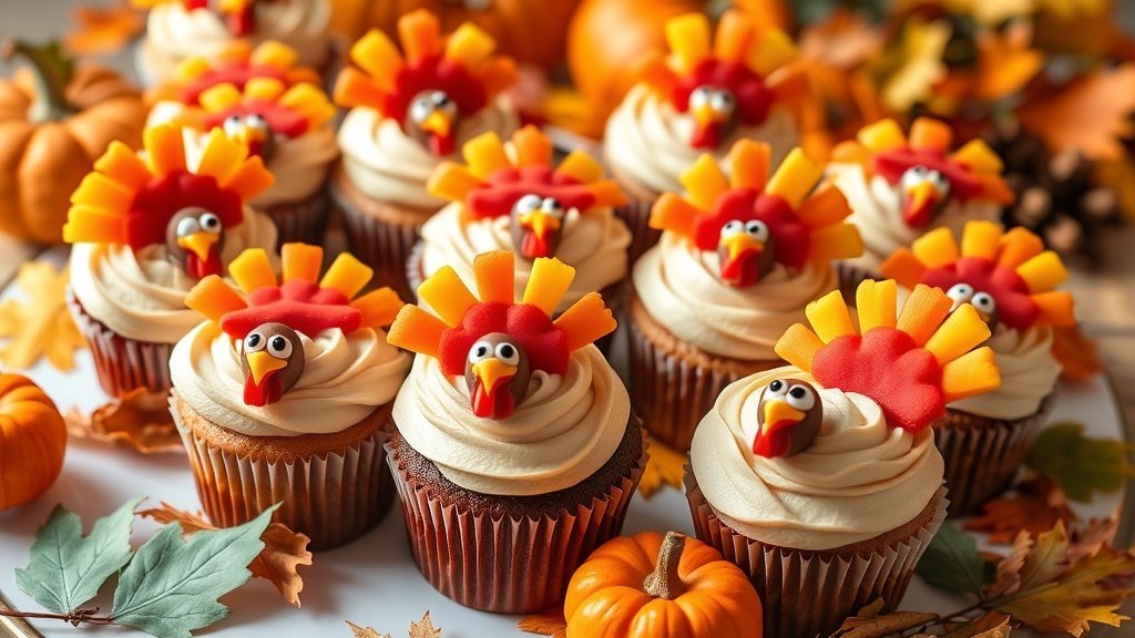 A platter of turkey cupcakes decorated with frosting and candy, perfect for Thanksgiving.