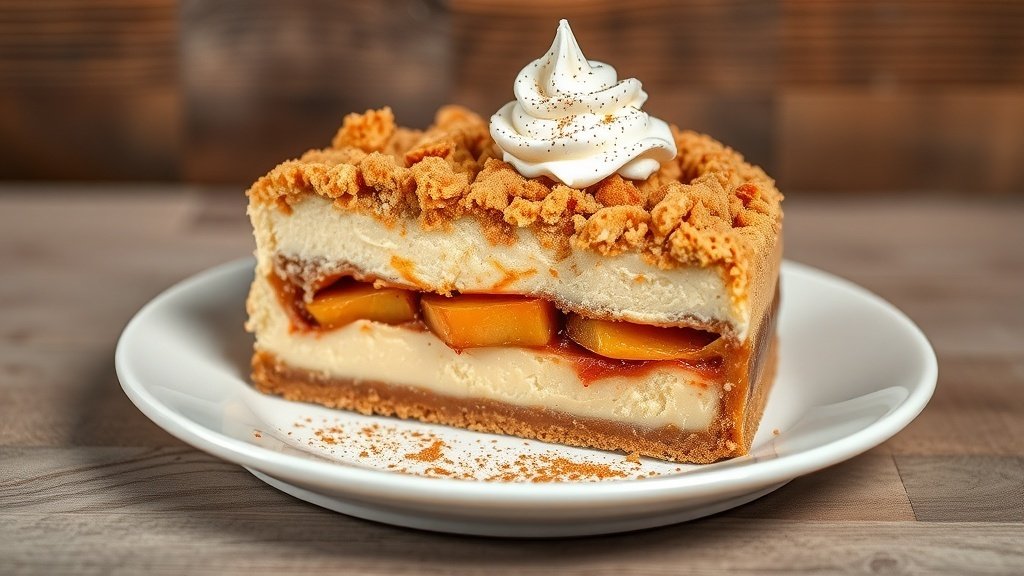 Apple crumble cheesecake with a golden topping and creamy filling, garnished with whipped cream on a rustic wooden table.