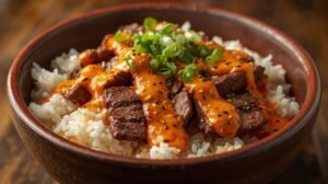 Quick Korean BBQ Steak Rice Bowl with Spicy Cream Sauce Recipe