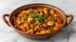 A plate of Paneer Bhurji with crumbled paneer, tomatoes, and green chilies, garnished with coriander, served with chapati.