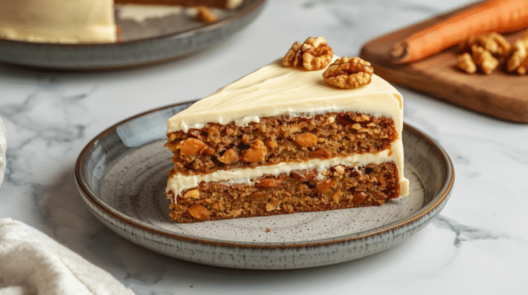 A slice of healthy carrot cake with cream cheese frosting and walnuts on a table.