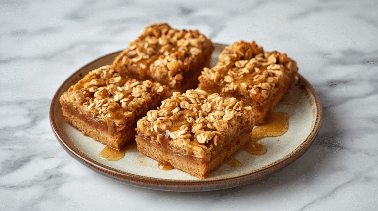 A tray of golden apple crisp bars topped with oats.
