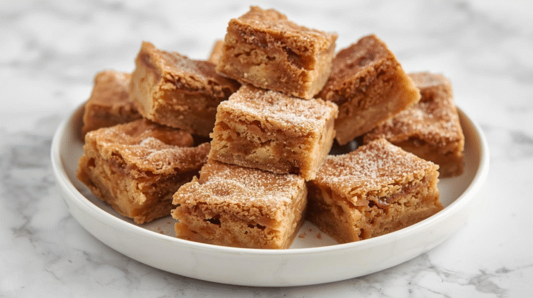 A plate of cinnamon sugar blondies cut into squares, sprinkled with cinnamon sugar, surrounded by autumn leaves.