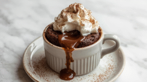 Molten lava cake in a cup with chocolate center, topped with whipped cream and cocoa powder.